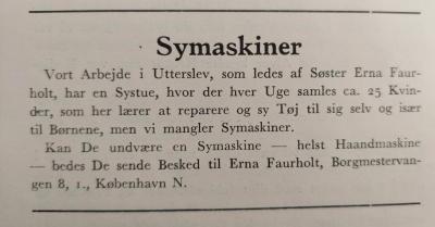 Annonce i Korshærsbladet 1948, hvor der blev efterspurgt symaskiner til brug for kvinderne i sygruppen